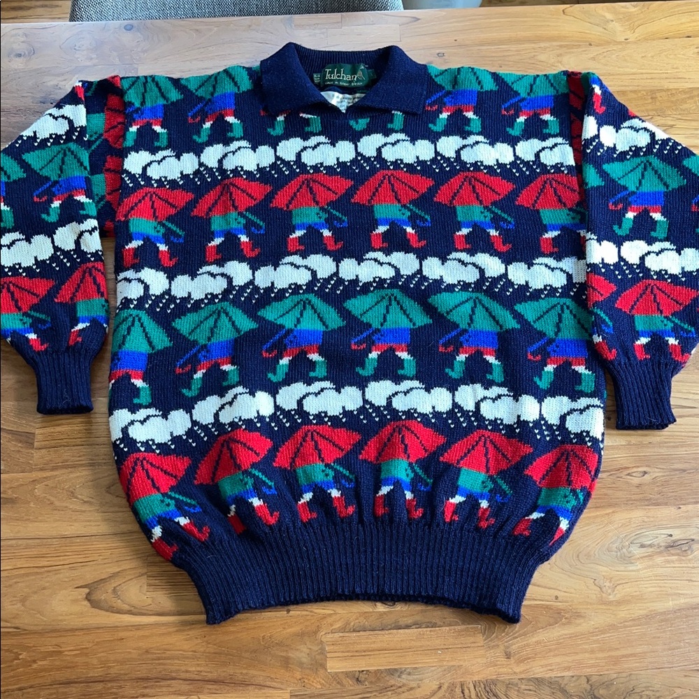Vintage 80’s  pure new wool Navy Multicolor Umbrella Pattern sweater